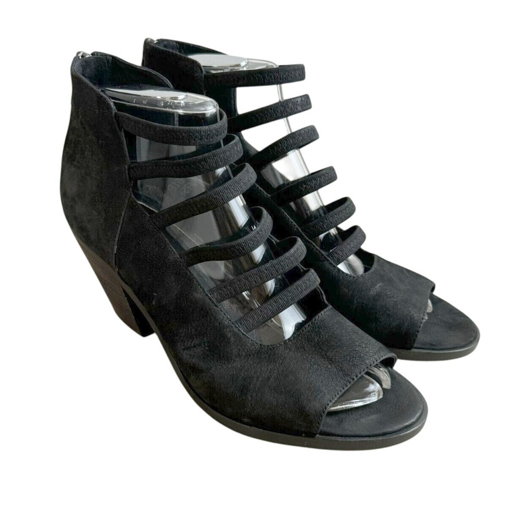 Eileen Fisher James Black Suede Heeled Sandals Peep Toe Strappy Back Zip 8.5‎